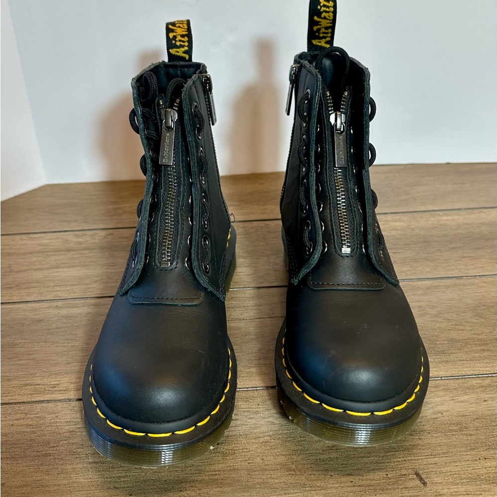 Dr Martens 1460 Pascal Front Zip Black Lace Up Boots-Yellow Stitching-size 5
